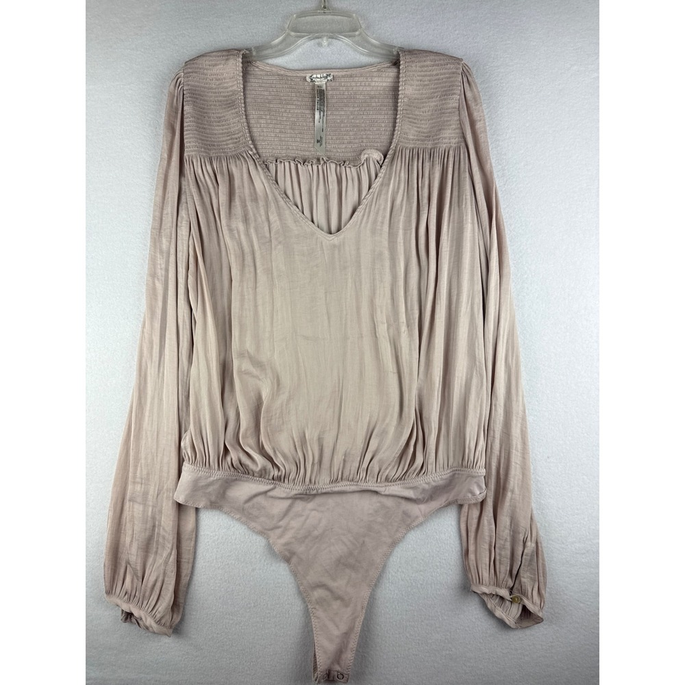 Intimately Free People Boho Mauve Pink Smocked V-Neck Long Sleeve Bodysuit Large